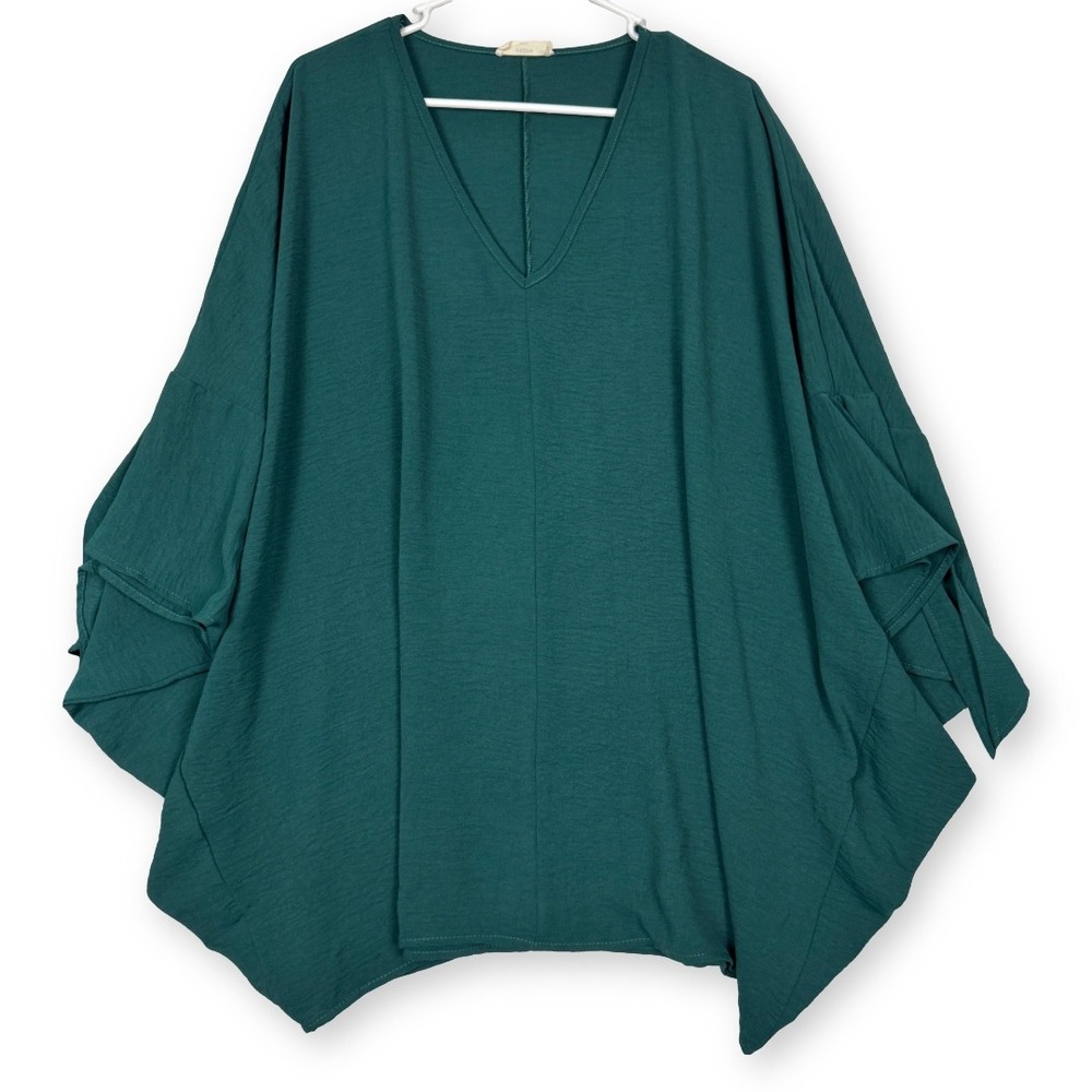 Entro Women XL Green V-Neck Oversized Dolman Tiered Ruffle Sleeve Blouse Top